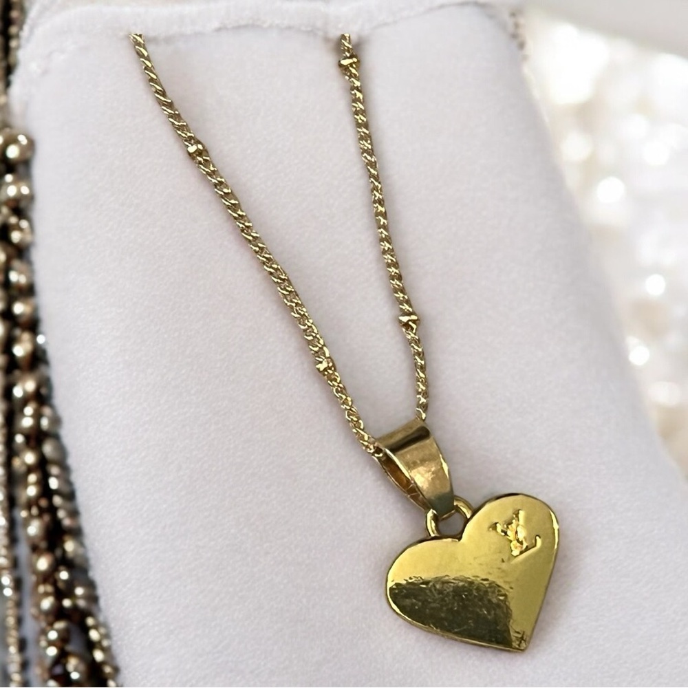 Upcycled Louis Vuitton logo double sided heart zip charm on a Gold neckl… - Picture 3 of 7